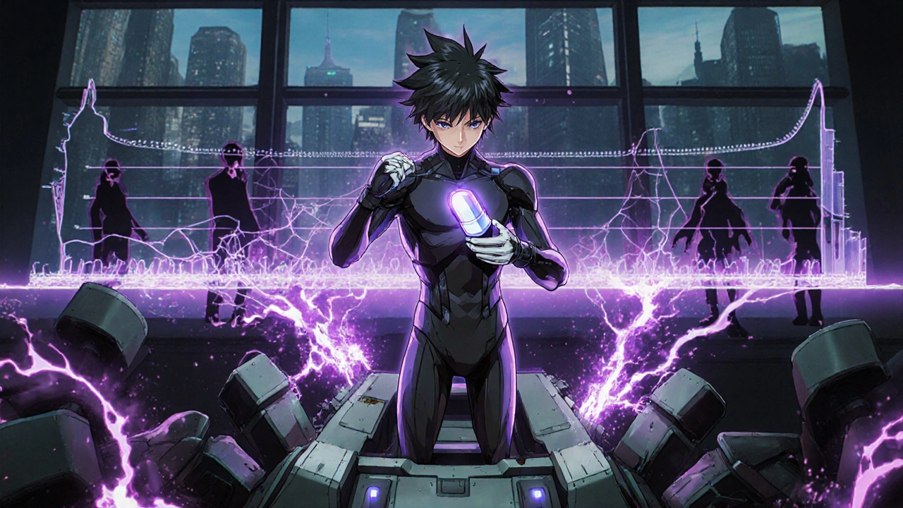 A patient holds a domperidone capsule as a broken metoclopramide robot crumbles, with a holographic gastric scan showing improved digestion.