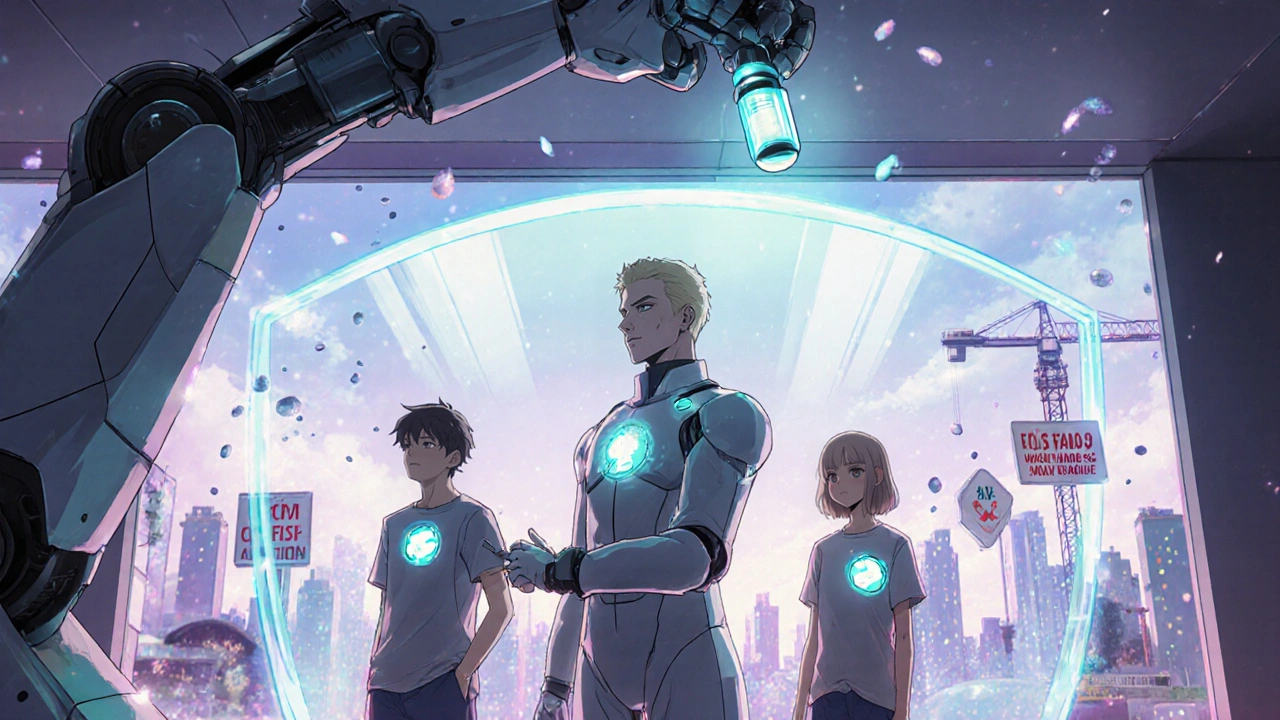 A patient receives a vaccine as family members form a protective light shield, with safety signs visible in the background city.