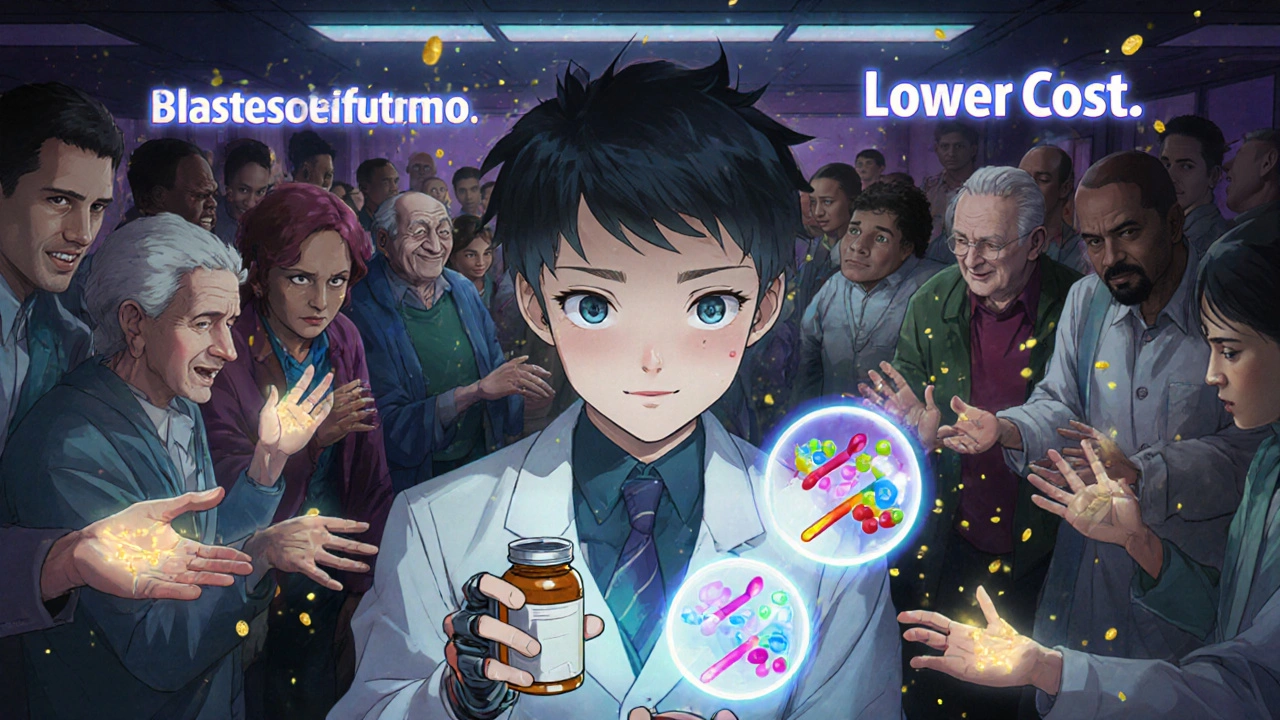 A patient scans a pill bottle to reveal a hologram of dissolving drug molecules, with diverse patients watching as fears vanish.