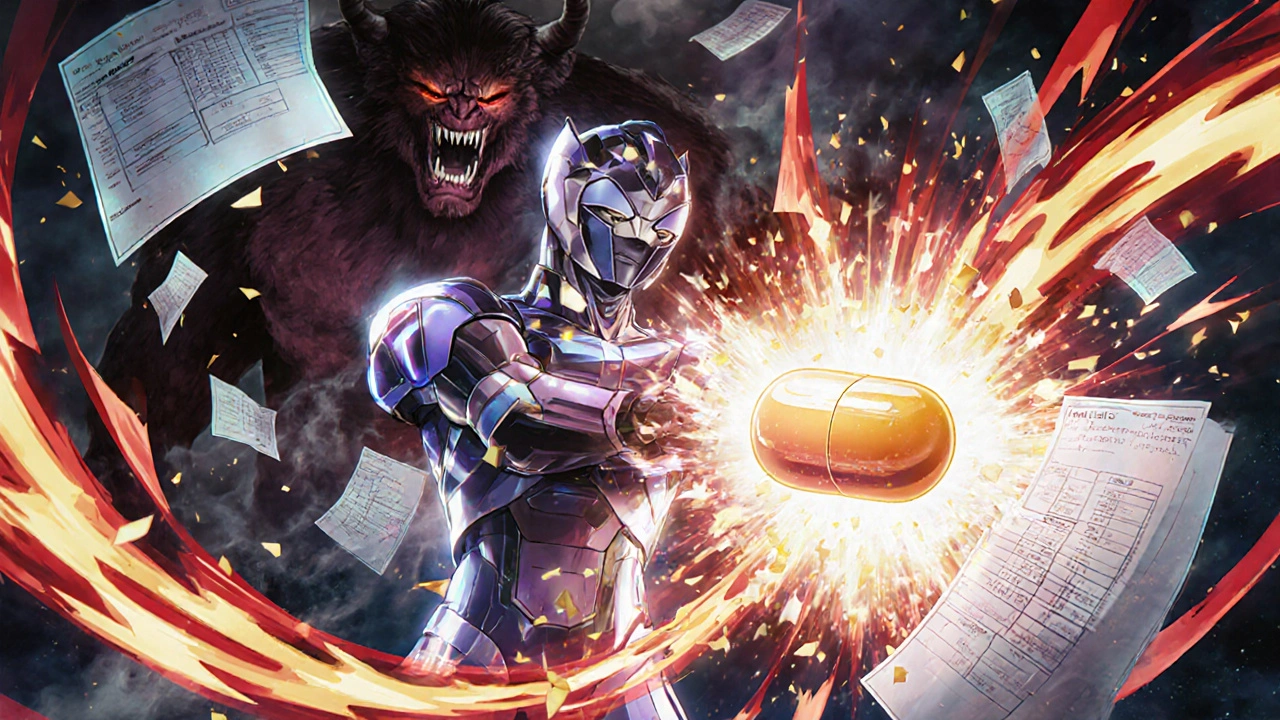 A pharmacist releases a glowing capsule that destroys false allergy records as a disease demon vanishes.