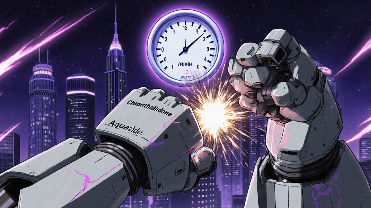 A powerful Chlorthalidone robot crushing an Aquazide robot, with a high blood pressure gauge glowing behind.