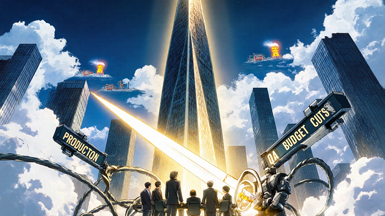 A QA command tower towers above production floors, severing wires of pressure as golden light shines on executives.