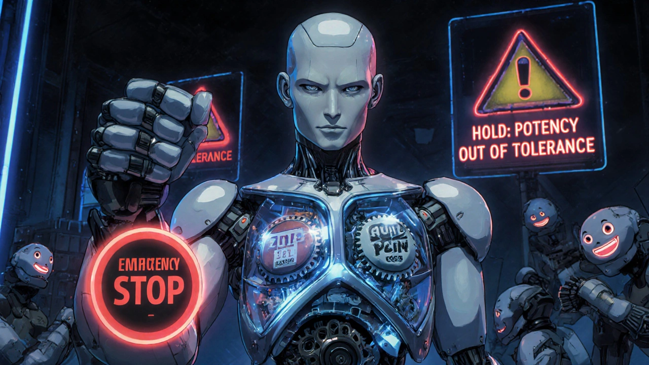 A QA robot with transparent chest showing GMP gears holds a red emergency stop lever amid pleading drones.