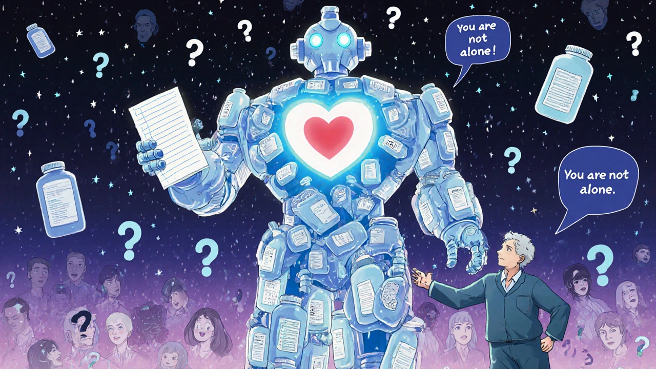 A robot made of pill bottles helps an elderly patient, with forgotten doses turning into stars.