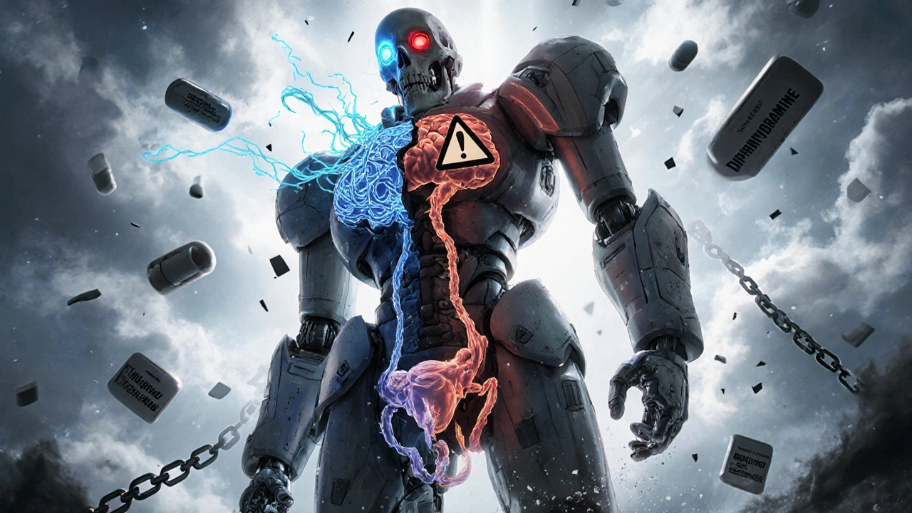 A robot with a brain showing dementia, split between healthy and blocked urinary systems.