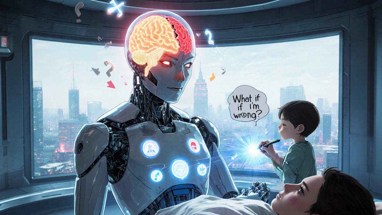 A robotic doctor with a glowing brain shows logic and emotion sides, hovering over a patient as diagnostic icons shatter from bias.