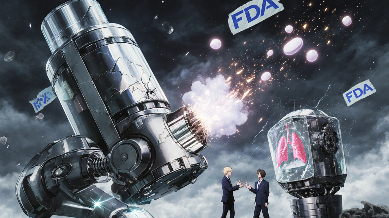 A robotic inhaler firing uneven drug particles toward a lung model, with sparks and holographic data displays.