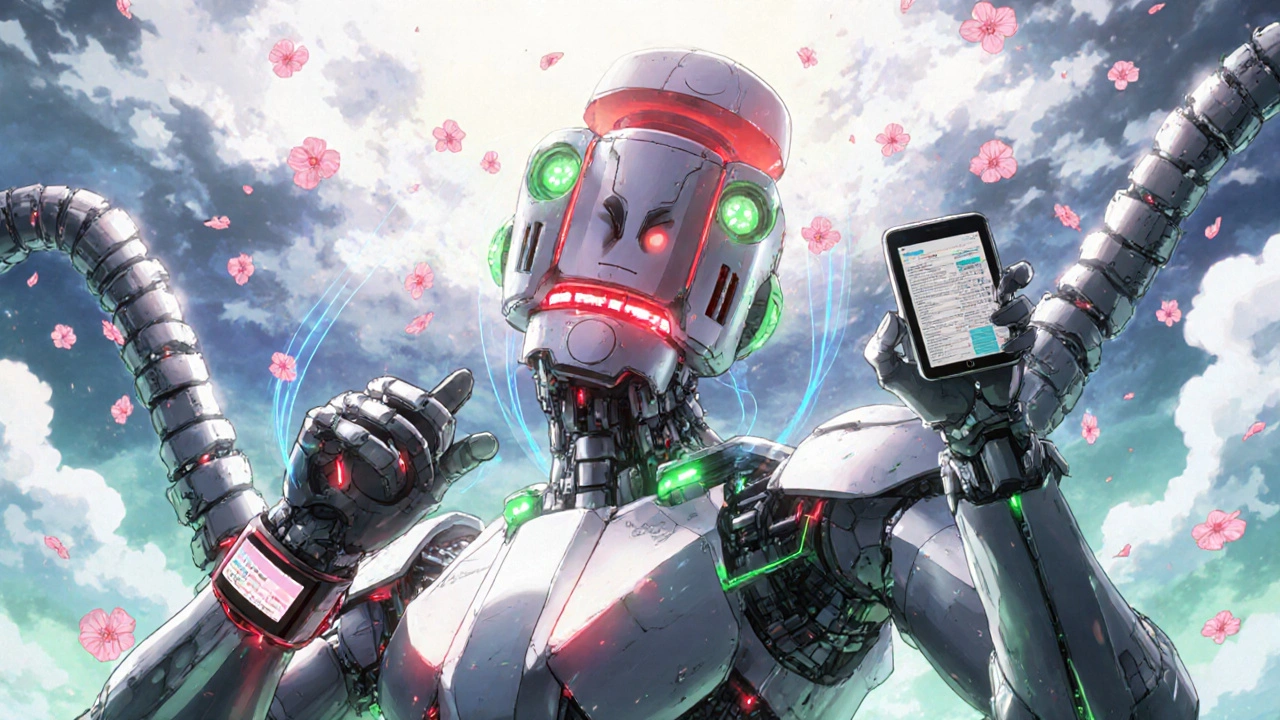 A smart pillbox connects wirelessly to a wrist monitor and tablet with glowing data streams.