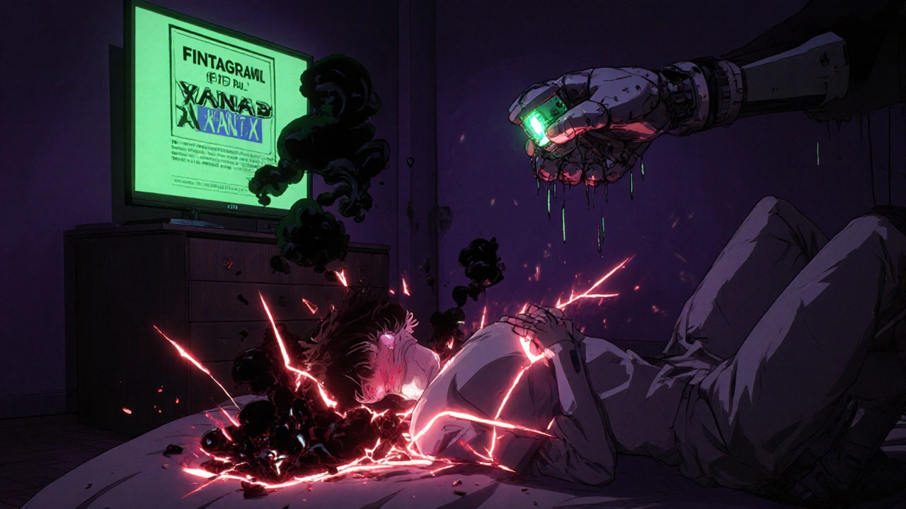 A teen collapses as a fake pill explodes into smoke, with a drone reaching for the packaging.