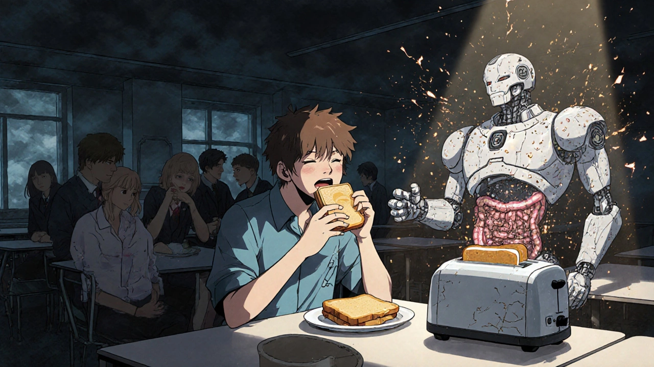 A teen eating contaminated food as invisible gluten shrapnel damages their internal robotic gut system.