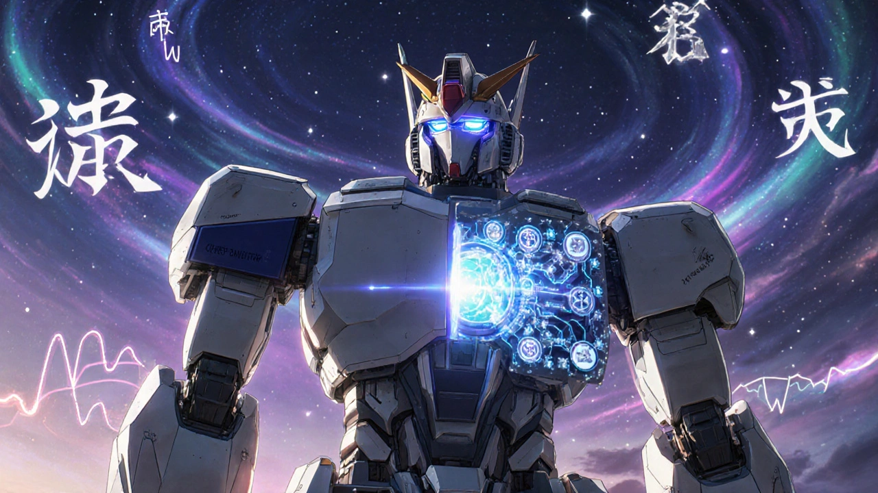 A transforming mech merging basal-bolus and premixed systems, with holographic carb data and swirling glucose graphs in a twilight sky.