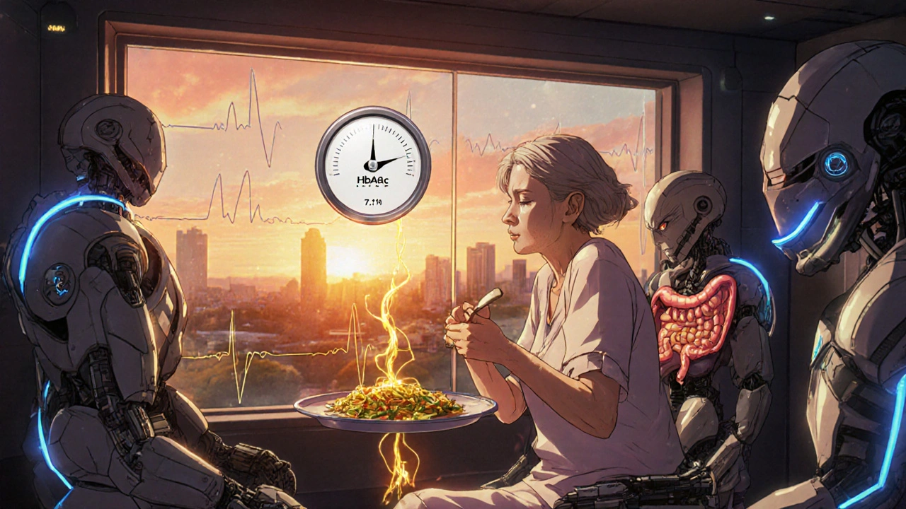 An elderly woman eats calmly as robotic digestive organs glow with energy, and her HbA1c level drops on a floating monitor.