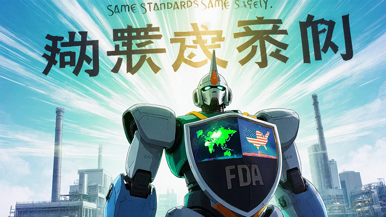 An FDA robot inspects global drug factories with glowing shields, declaring equal safety standards for all medications.