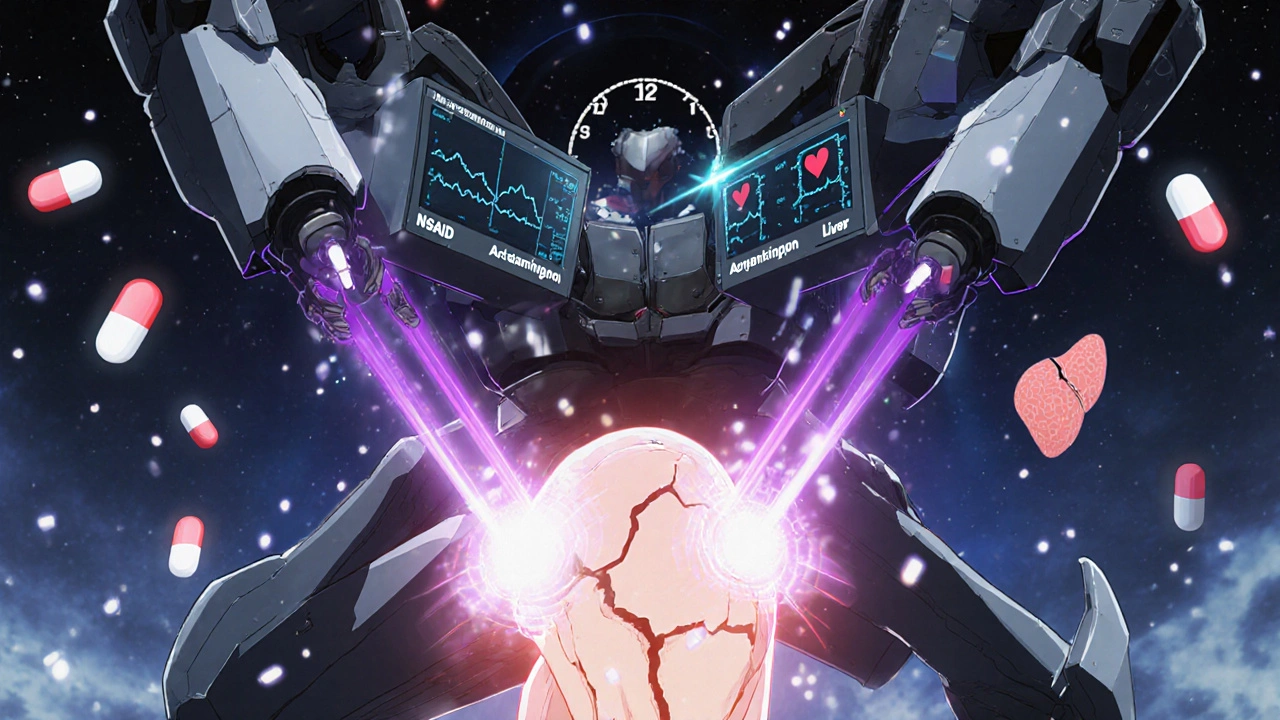 Dual-pilot healing robot combining NSAIDs and acetaminophen to repair a knee joint safely.