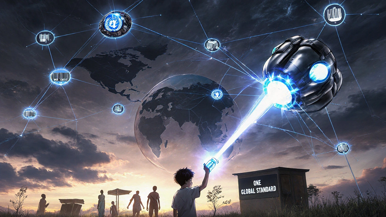 Global drone network forms a blockchain web over continents as an AI robot scans a pill in a rural clinic under dawn light.