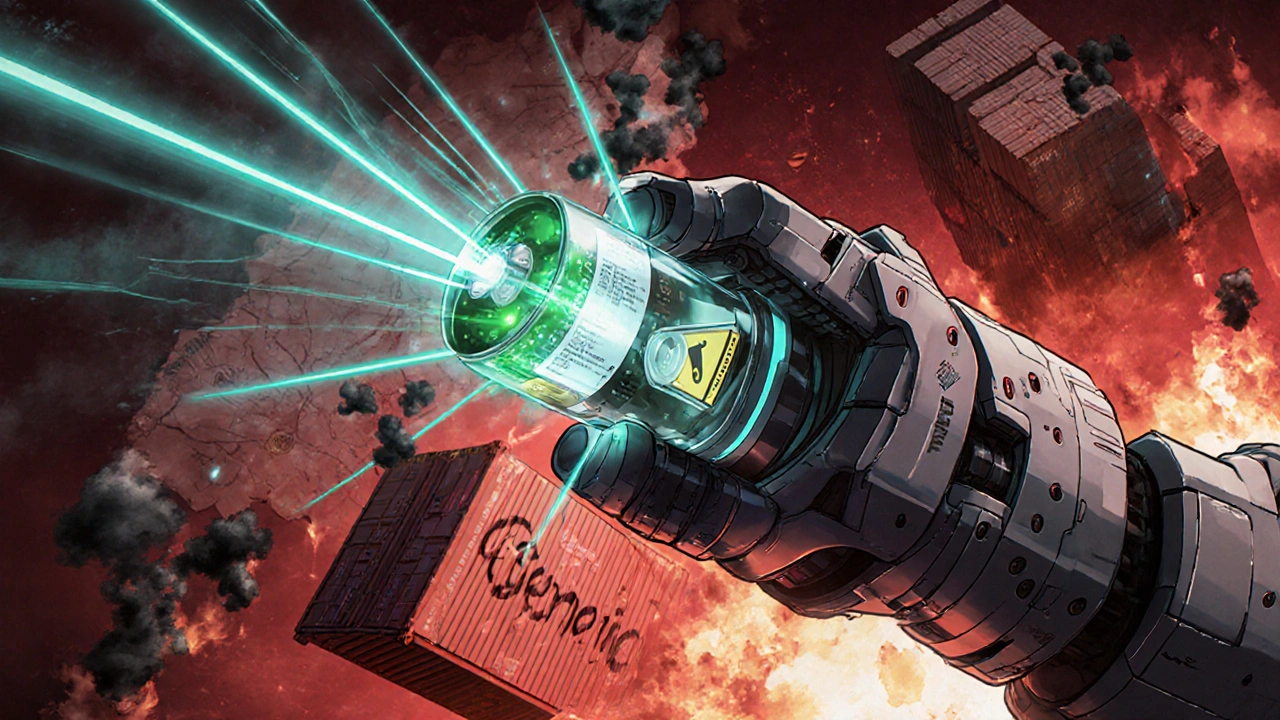 Mecha-style spectroscopy device scans a pill, displaying correct molecules in green and fake ones disintegrating into smoke.