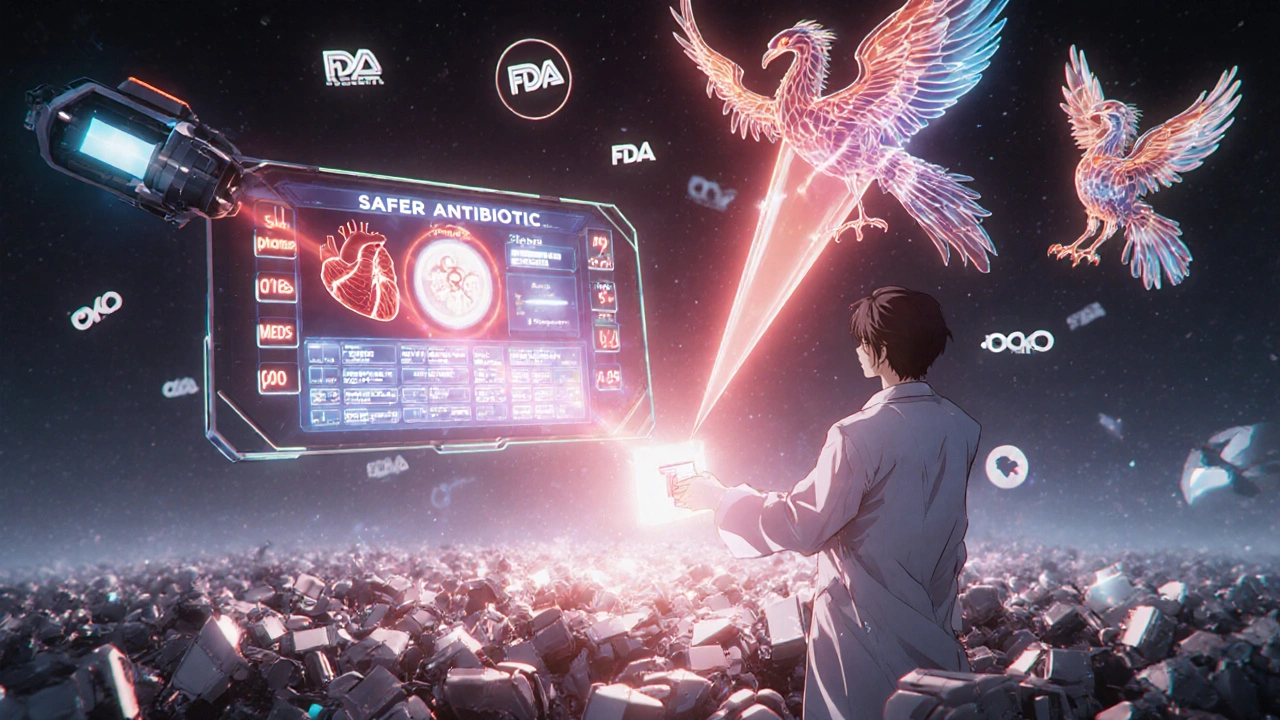 Medical drone projecting a 3D heart with risk calculator, safe antibiotics rising as phoenixes while macrolide robots crumble.