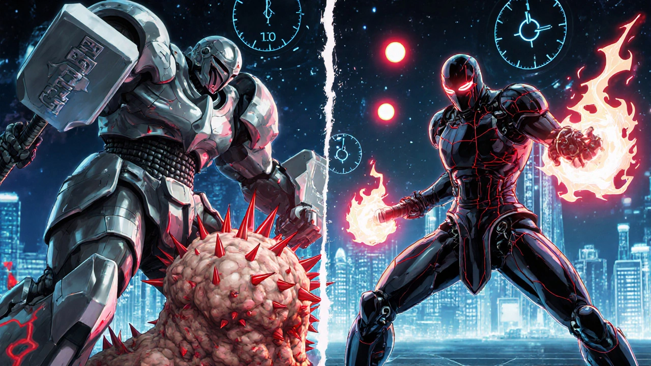 Split battle: NSAID knight crushing swollen joints while acetaminophen ninja disarms headaches.