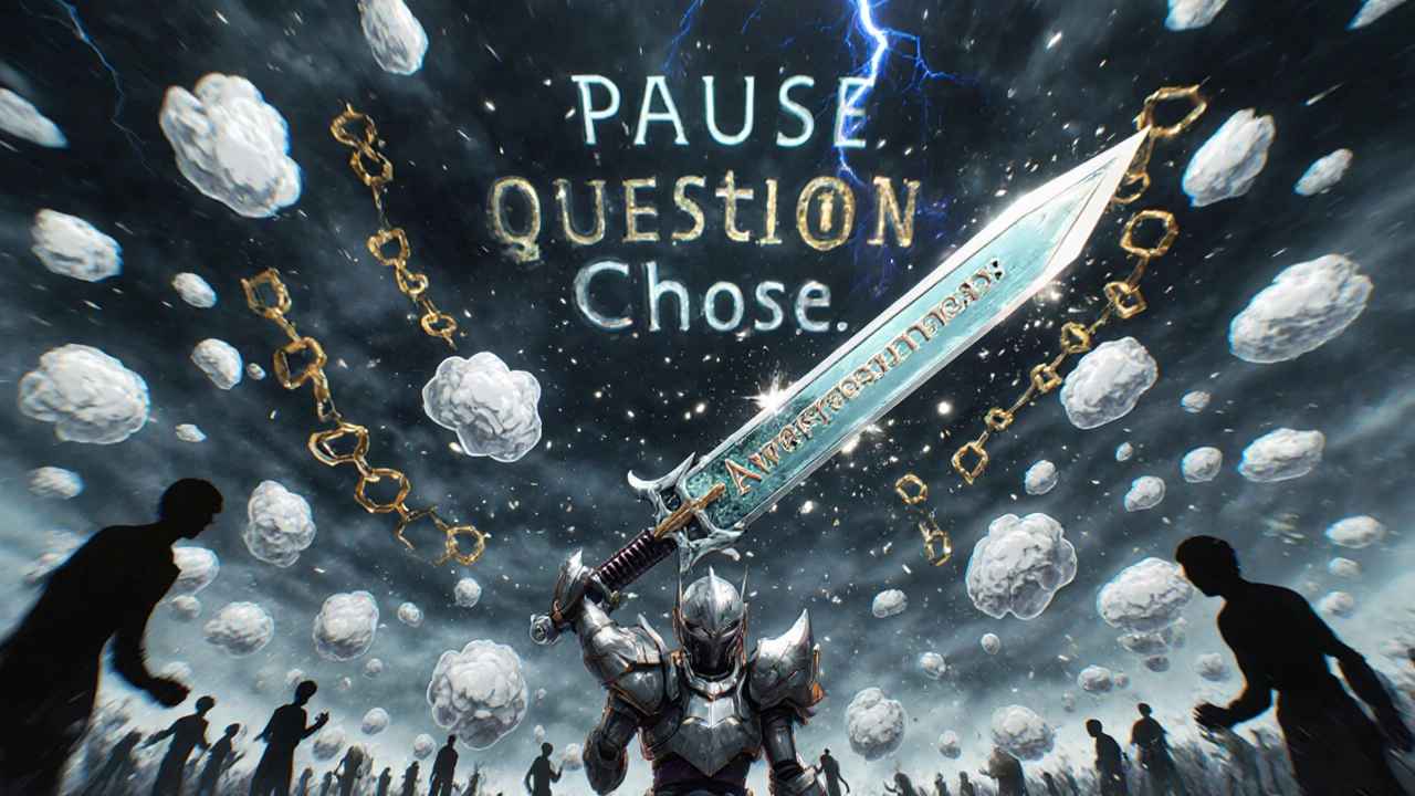 Thousands of thought-bubbles clash in a digital battlefield, a warrior with a mirrored sword stands center, reflecting hidden fears.