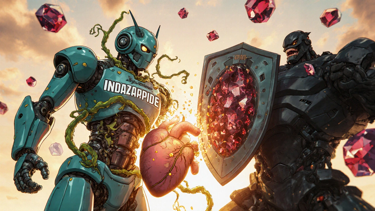 Two medical robots—one releasing potassium, another blocking a hormone monster—surrounded by glowing medical symbols.