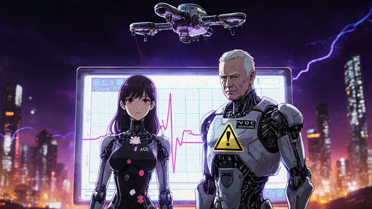Young woman and elderly man with robotic risk factor exoskeletons facing a looming clarithromycin drone beside an ECG monitor.