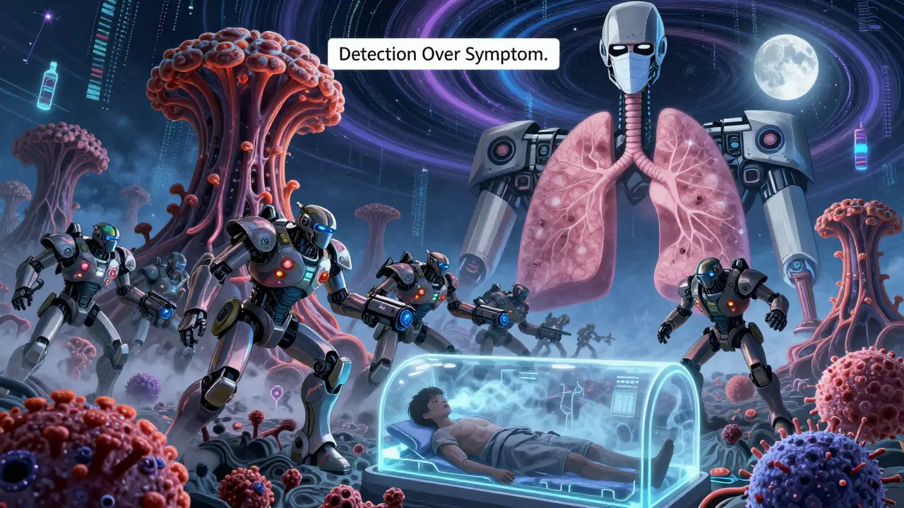 A battlefield inside a lung shows fungal invaders vs. enhanced T-cells, with a patient in a life-support pod watching above.
