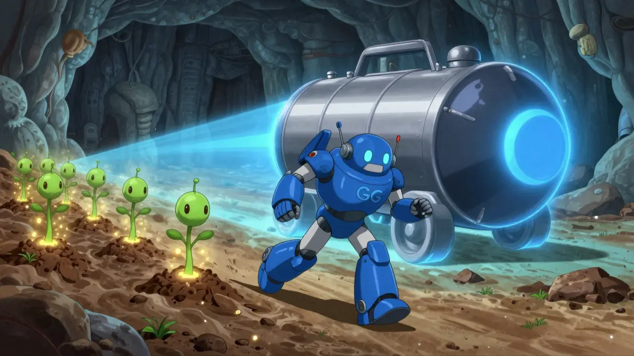 A blue-armored probiotic robot runs through a colon landscape as an antibiotic tank passes, leaving a safe zone behind.