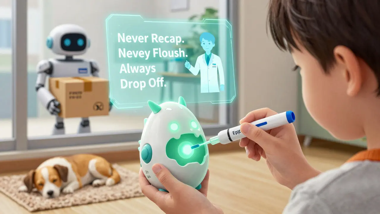 A child safely disposes of an EpiPen in a glowing robotic container as a hologram guides proper disposal.
