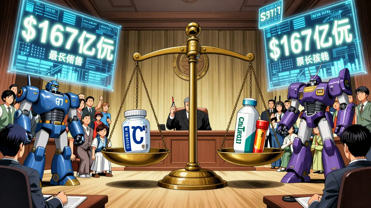 A courtroom scale balances a pharma robot against patient avatars, with floating cost data.
