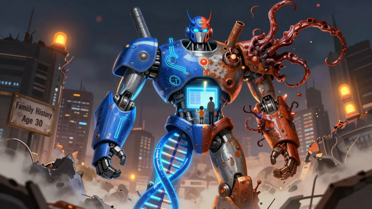 A DNA robot with one healthy side and one corroded side, children standing on its chest facing a lipid panel warning.