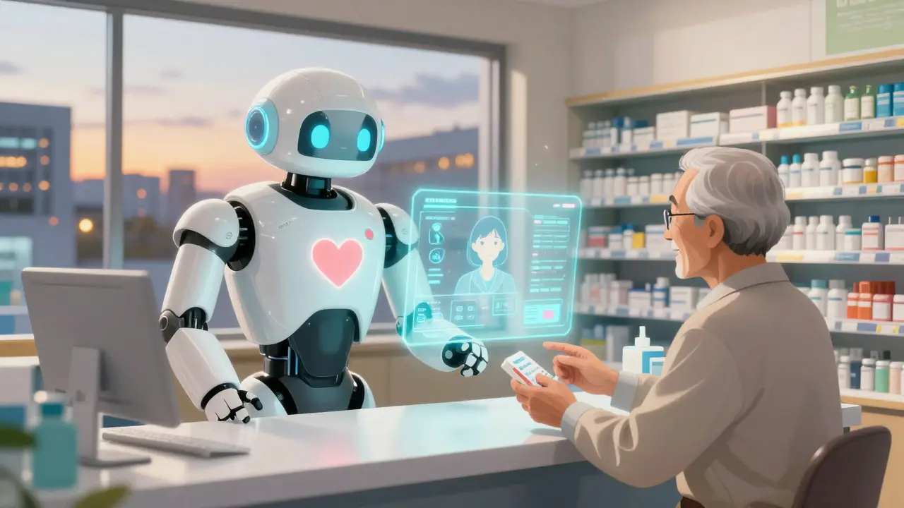 A friendly AI robot hovers above a pharmacy counter, projecting a patient's profile as an elderly person receives medication.