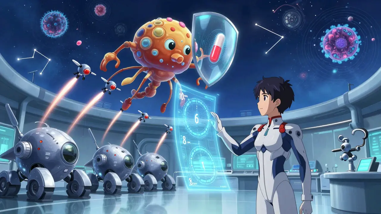 A futuristic control room with holographic clocks timing probiotic deployments around antibiotic machines.