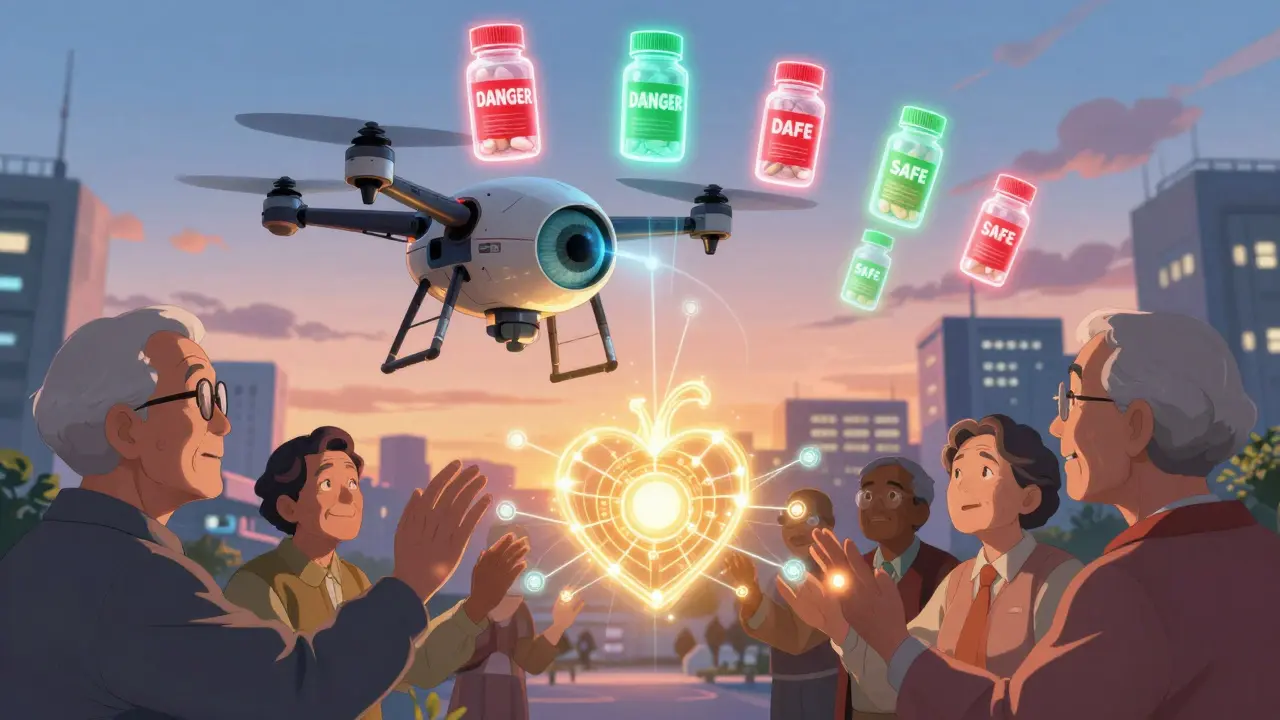 A futuristic FDA drone scanning supplement bottles with holographic safety warnings above them, patients reaching toward a glowing AI heart.