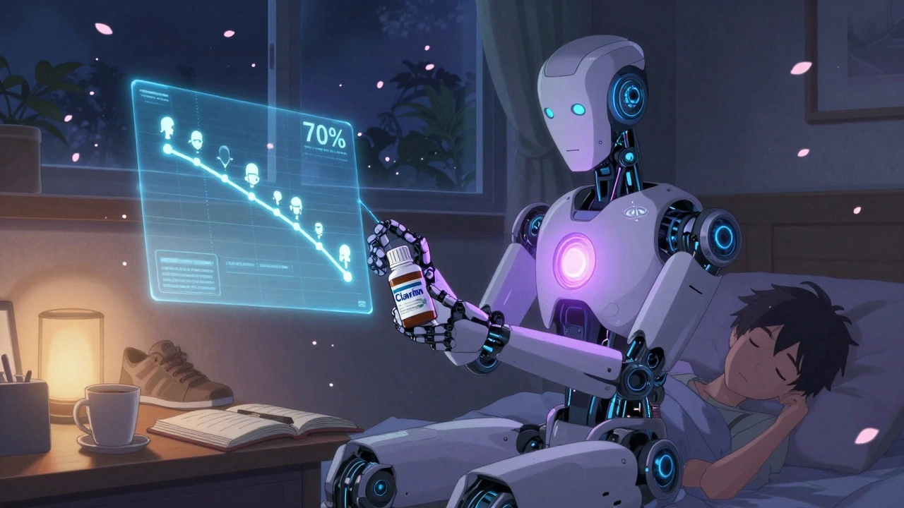 A gentle robot placing non-sedating medicine beside a sleeping person, with holographic fatigue reduction data floating nearby.