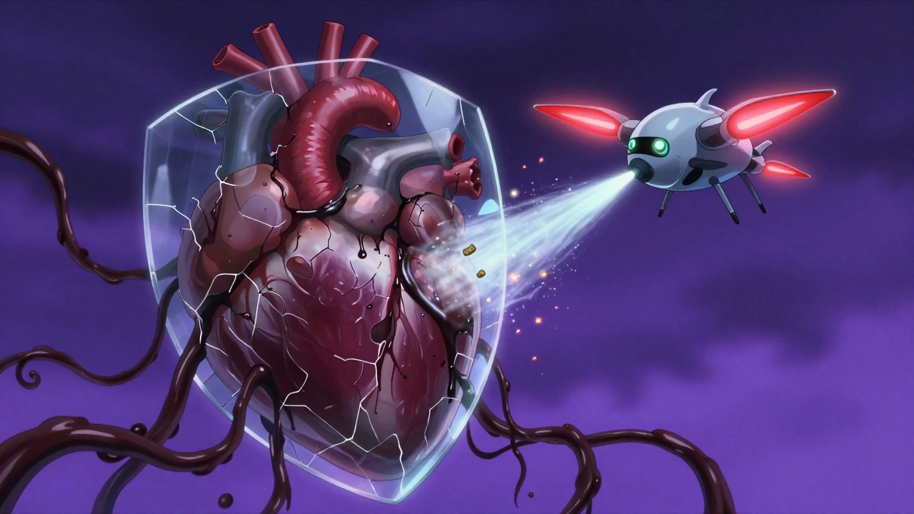 A heart encased in sludge, being cleansed by a fish-shaped omega-3 drone spraying healing mist.