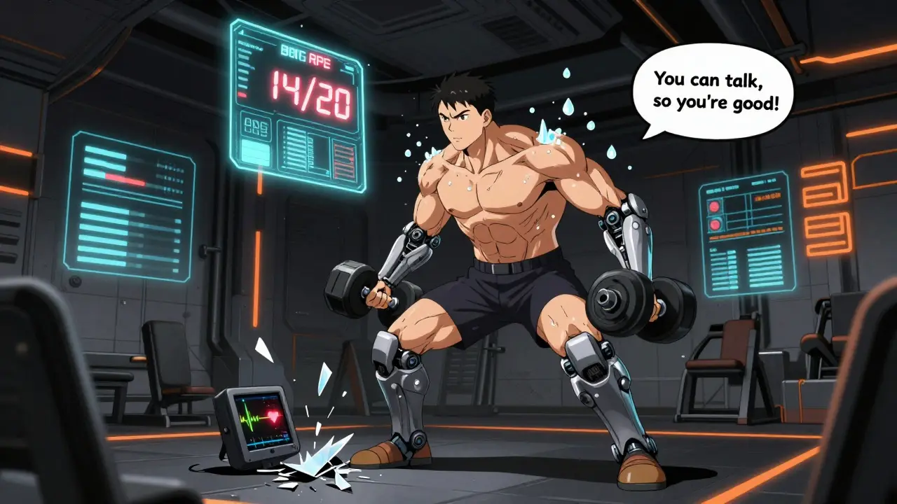 A man lifts weights in a high-tech gym, floating Borg scale at 14, shattered heart monitor on floor, robotic assistance glowing.
