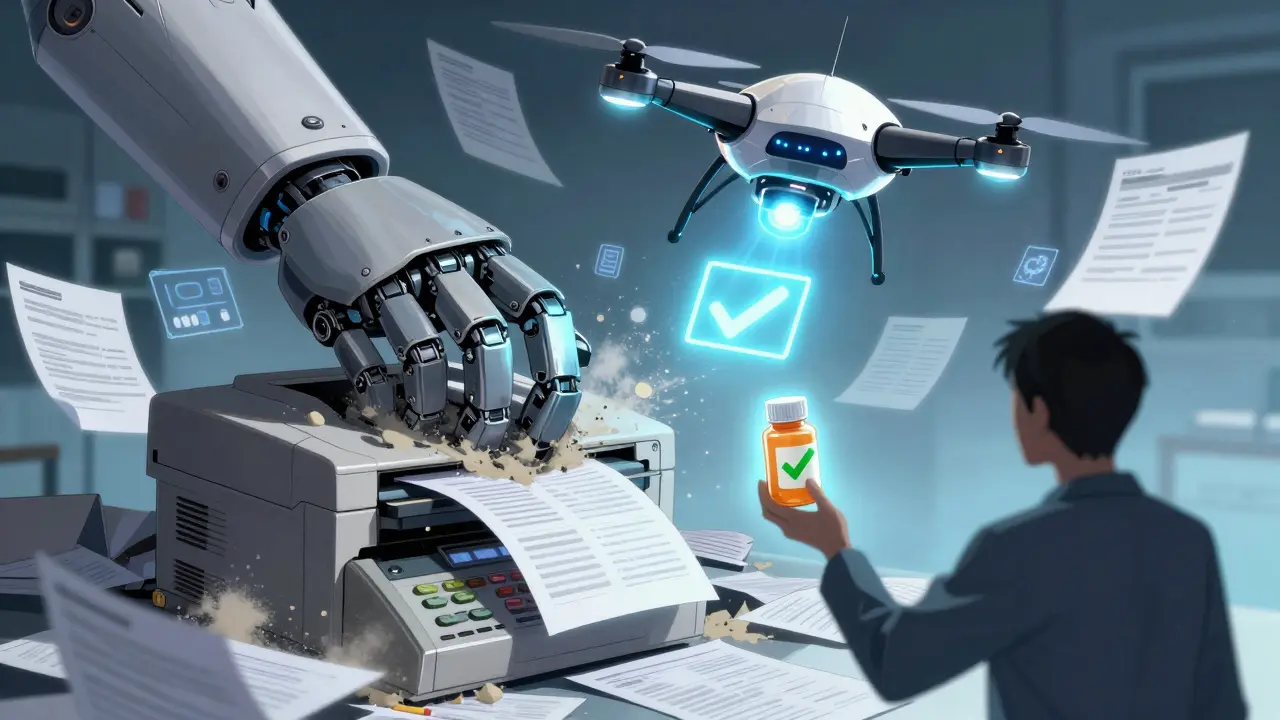 A mechanical hand destroys fax machines as an AI drone projects an approval for a patient’s generic medication.