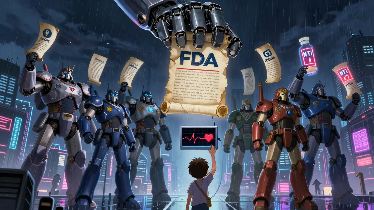 A mechanical hand drops the FDA&#039;s Orange Book as state laws rise like warriors, with a patient holding a pulsing heart monitor below.