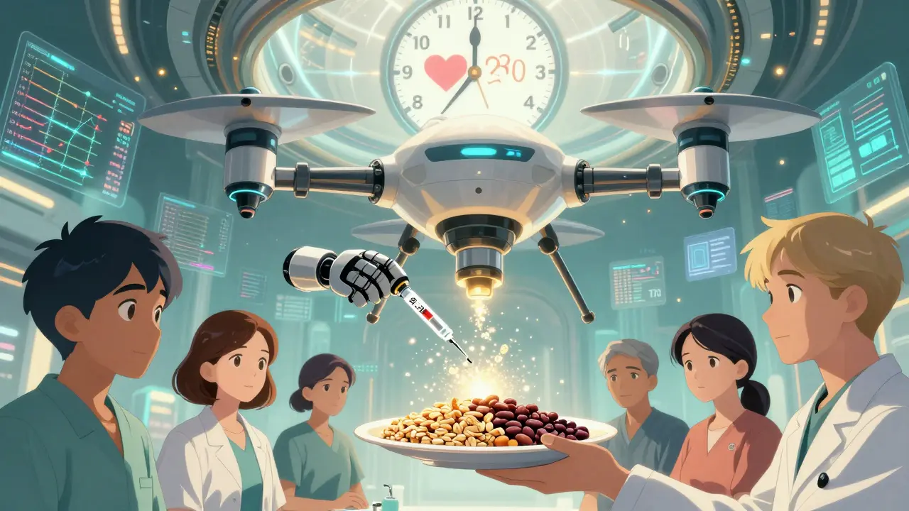 A medical drone administering treatment while offering healthy food to patients, with a countdown clock to 2030 in the sky.