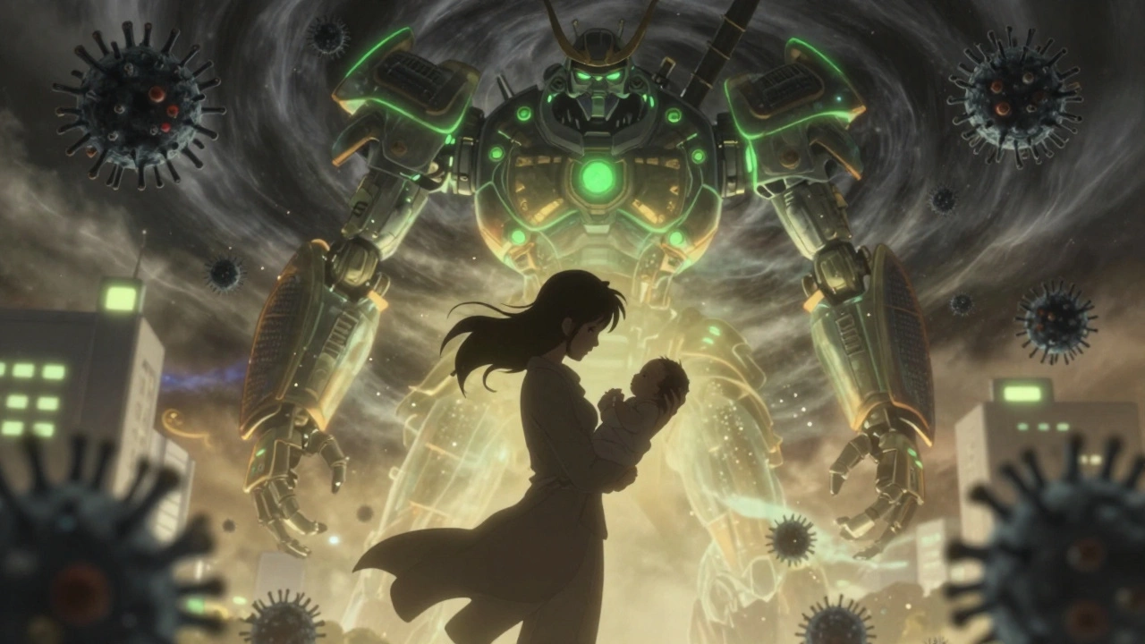 A mother and child protected by glowing nevirapine nano-robots forming a barrier against black HIV tendrils.