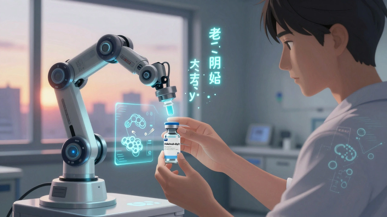 A patient's hand placing a biosimilar vial into a glowing robotic infusion chamber with holographic protein comparisons.
