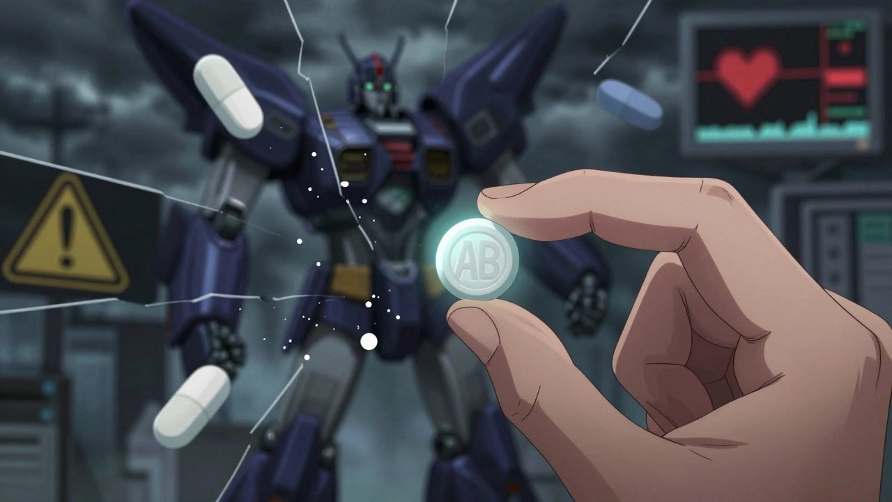 A patient holds a glowing AB-rated pill while fragmented versions float behind, surrounded by thyroid hormone graphs and warning symbols.