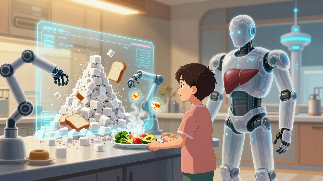 A patient in a futuristic kitchen surrounded by collapsing sugar cubes, served healthy food by robotic arms.