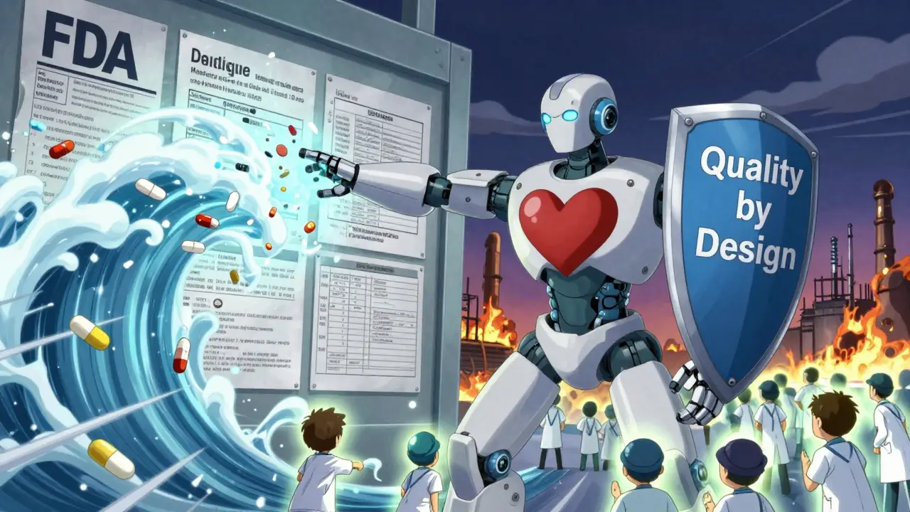 A patient robot activates a shield of quality control against a storm of corrupted medications.
