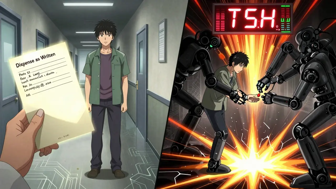 A patient split between safe brand-name medication and forced generic substitution, with rising TSH levels in digital readouts.