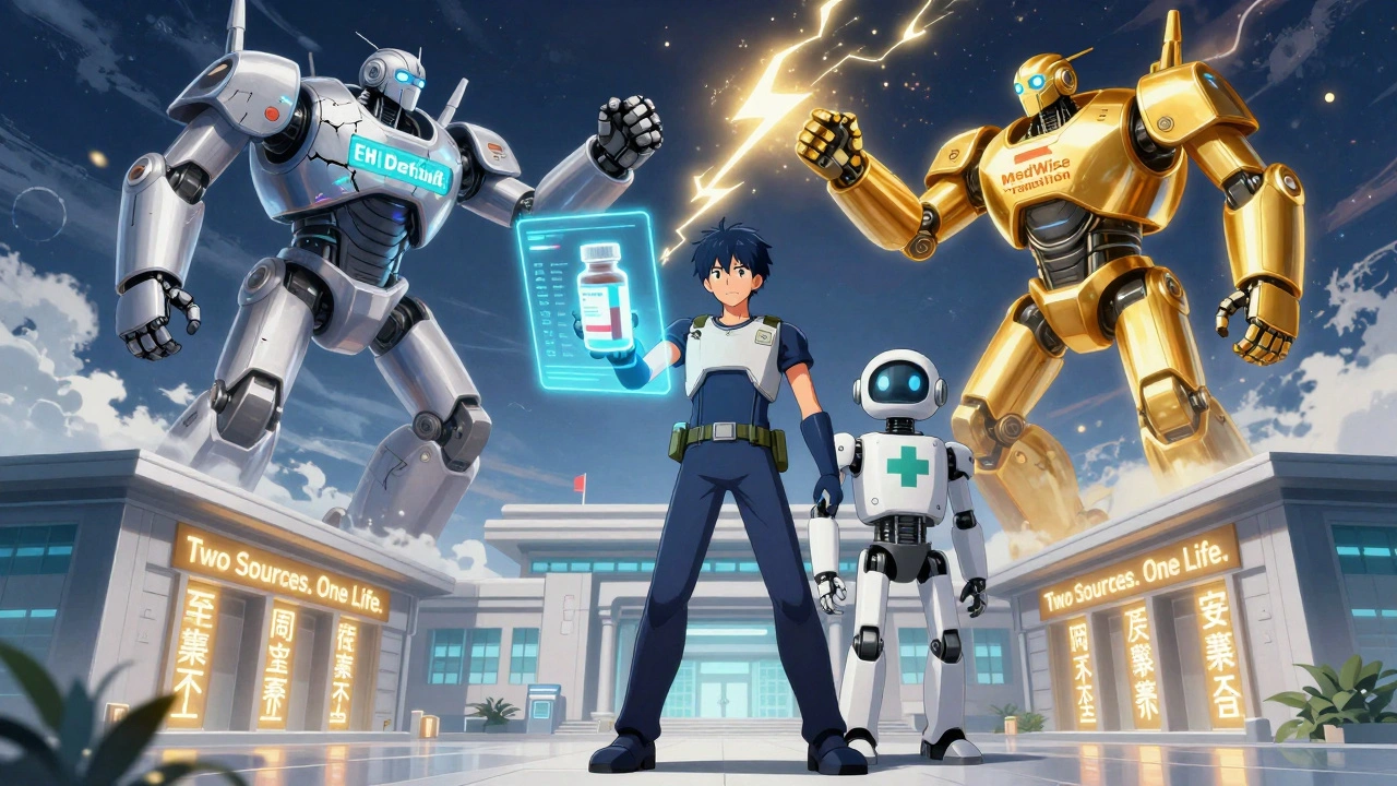 A patient stands beside a robot assistant as two AI systems battle in the sky above, one glitching, one golden and humming.