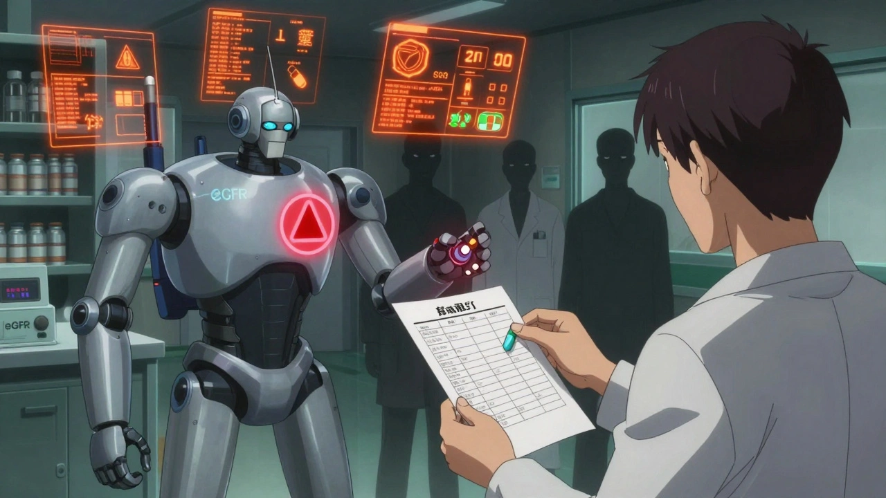 A patient with medication list watched by a robotic pharmacist, warning symbols flashing over toxic drugs.