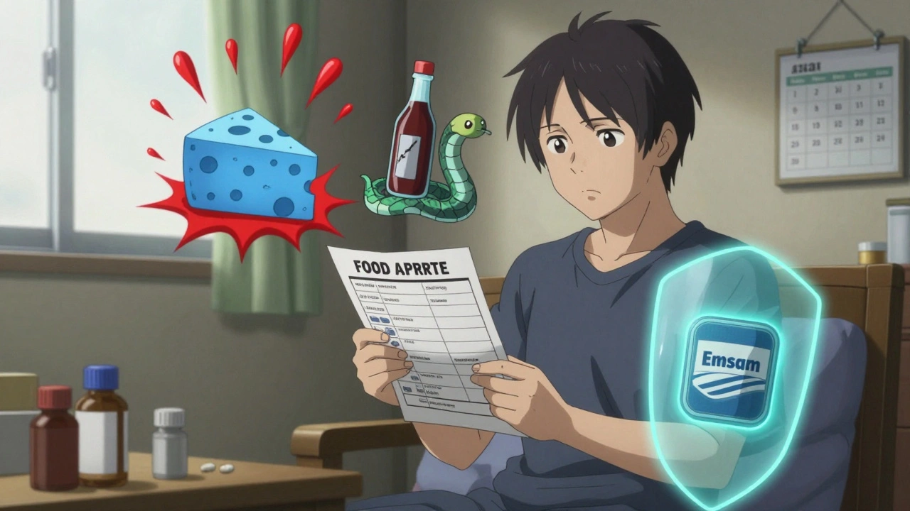 A person holds a food safety list as dangerous foods transform into warnings, with a healing patch on their arm.