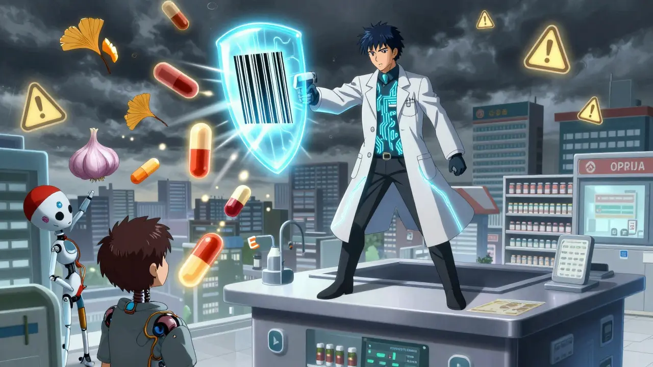 A pharmacist in a high-tech coat using a barcode scanner to protect a patient from dangerous supplement attacks.