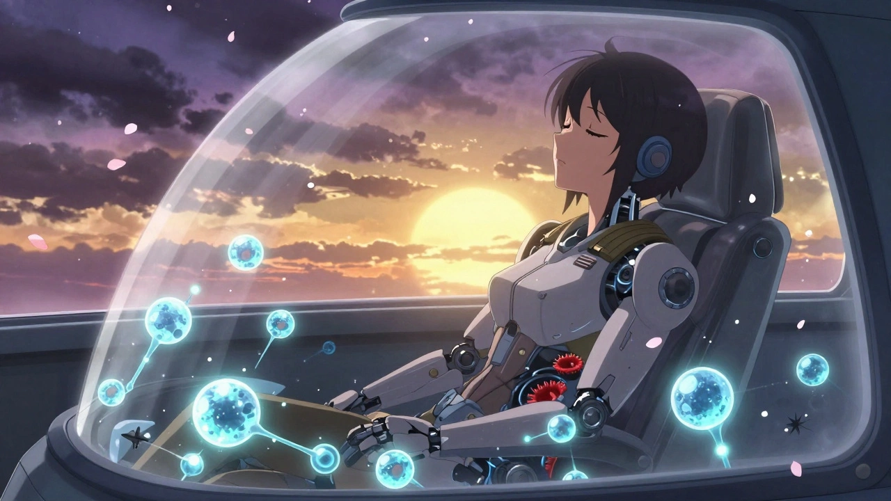 A pilot in a cockpit surrounded by glowing omalizumab molecules, hives calming as sunrise lights the sky.